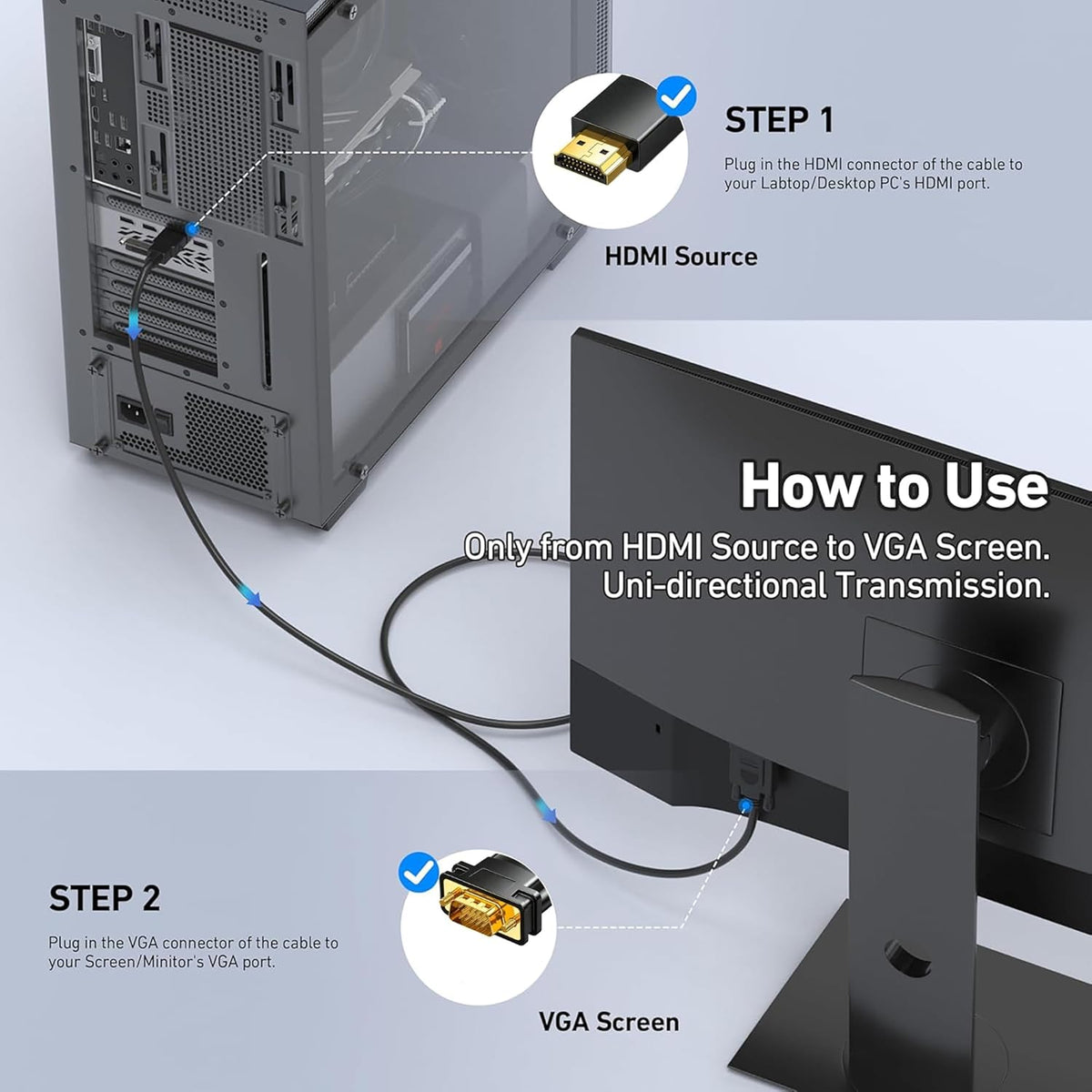 6FT, 1080P@60Hz HDMI to VGA Cable Uni-Directional HDMI to VGA Adapter Cable Male to Male Video Cord Compatible