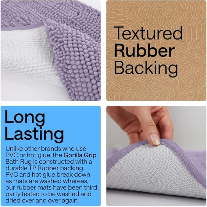 GORILLA GRIP Bath Rug Mat 44x26 Thick Soft Absorbent Chenille, Quick Dry Microfiber Mats, Rubber Backing Washable Shower Floor Rugs, Bathmat Runner Bathroom Home Decor Accessories Light Purple