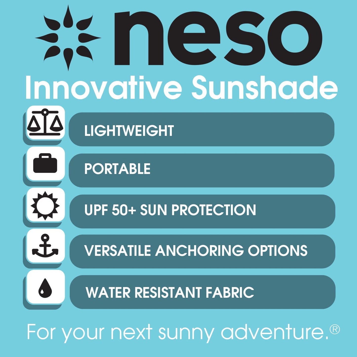 Neso Portable Beach Tent Sun Shelter with Sand Anchor - Lightweight Beach Shade Canopy - Easy Setup for Family Outings - Patented Reinforced Corners - UPF 50+ Sun Protection - 7 x 7ft - Aqua Fronds