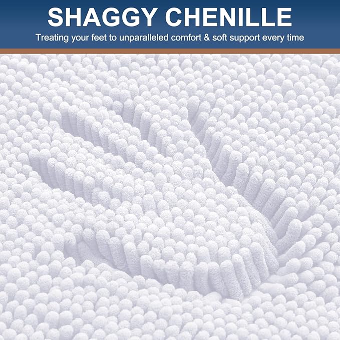 Smiry Luxury Chenille Bathroom Rugs 47x20, Extra Soft and Absorbent Shaggy Bath Mat, Machine Washable, Non-Slip Plush Carpet Runner for Tub, Shower, and Floor, Home Decor Accessories, White