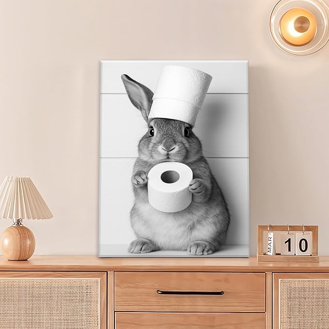 Bunny Bathroom Wall Art, Rabbit Pictures Wall Decor, Animal Canvas Prints Painting, Framed Artwork For Bathroom Living Room Bedroom Office Dining Room 20"X16"