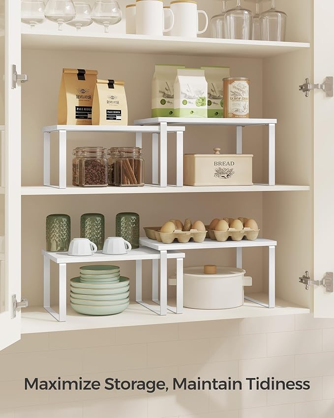 SONGMICS Cabinet Organizer Shelf, Set of 4 Kitchen Counter Shelves, Kitchen Storage, Spice Rack, Stackable, Expandable, Metal and Engineered Wood, Cloud White and Snow White UKCS027W01