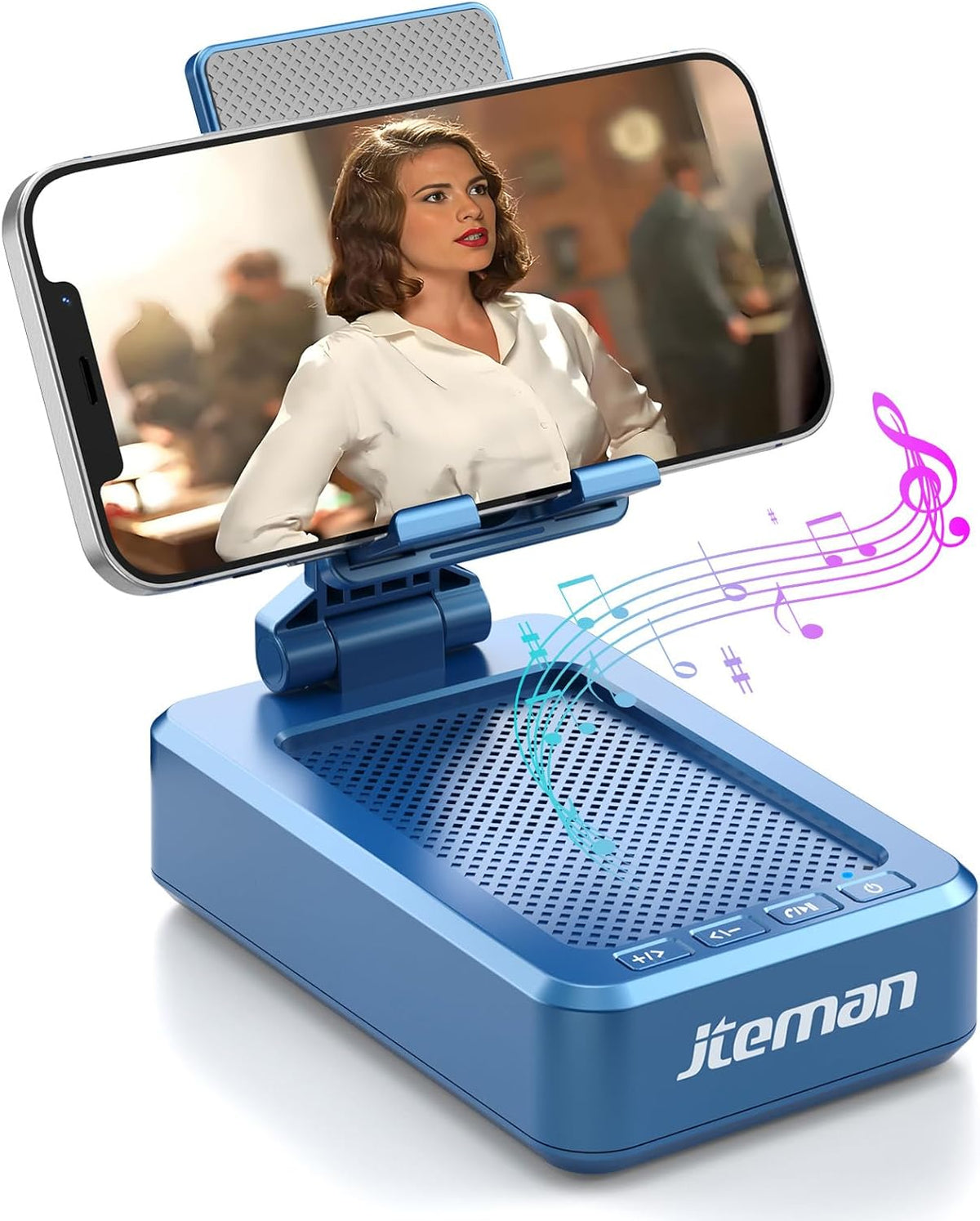 JTEMAN Cell Phone Stand with Bluetooth Speaker, HD Stereo Sound & Anti-Slip Base, Foldable Adjustable Desktop Phone