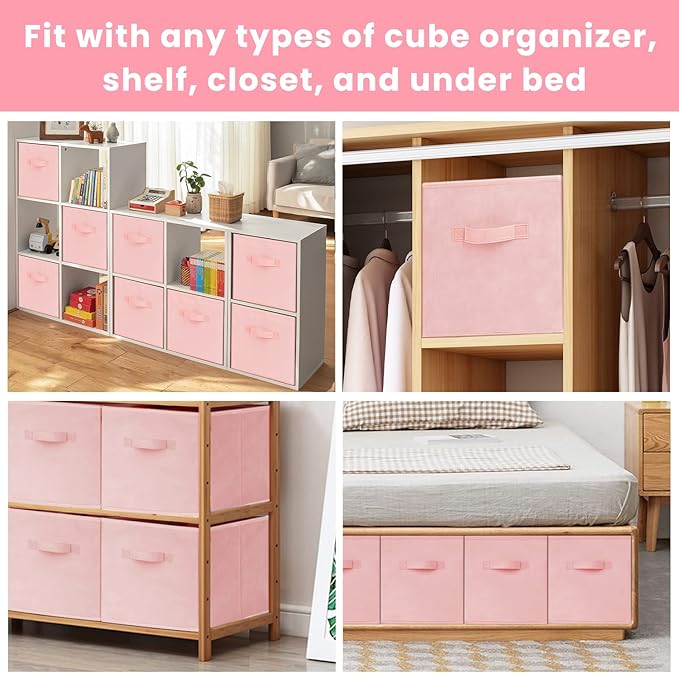 Criusia Storage Cubes - 11 Inch Heavy Duty Fabric Storage Bins for Shelves Closet, Cube Organizer - 8 Pack Collapsible Cube Storage Bins Baskets for Organizing Clothes Blankets Toys (Pink)