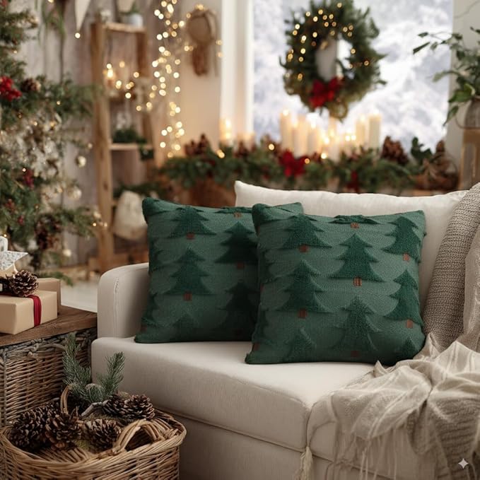 GEEORY Christmas Pillow Covers 20x20 Inch Set of 2, Christmas Decorations Xmas Tree Soft Plush Fluffy Faux Fur Decorative Throw Pillows Farmhouse Winter Cushion Case Green Brown GC033-20