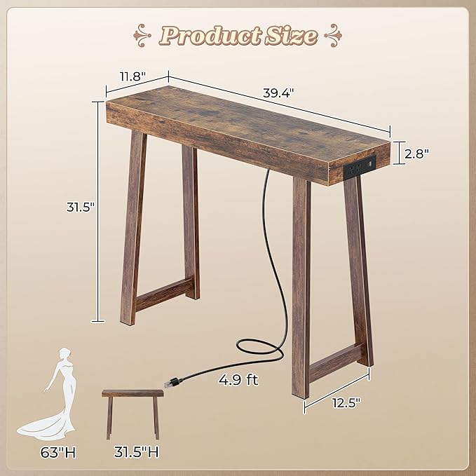 Huuger Entryway Console Table with Charging Station, USB-C Port, 39.4 Inch Sofa Table with Metal Legs, Entry Hallway Table with Thicker Desktop, Modern Behind Couch Table, Rustic Brown