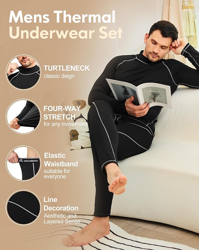 CL convallaria Thermal Underwear for Men Long Johns Fleece Lined Hunting Gear Set Base Layer for Cold Weather XS-4XL