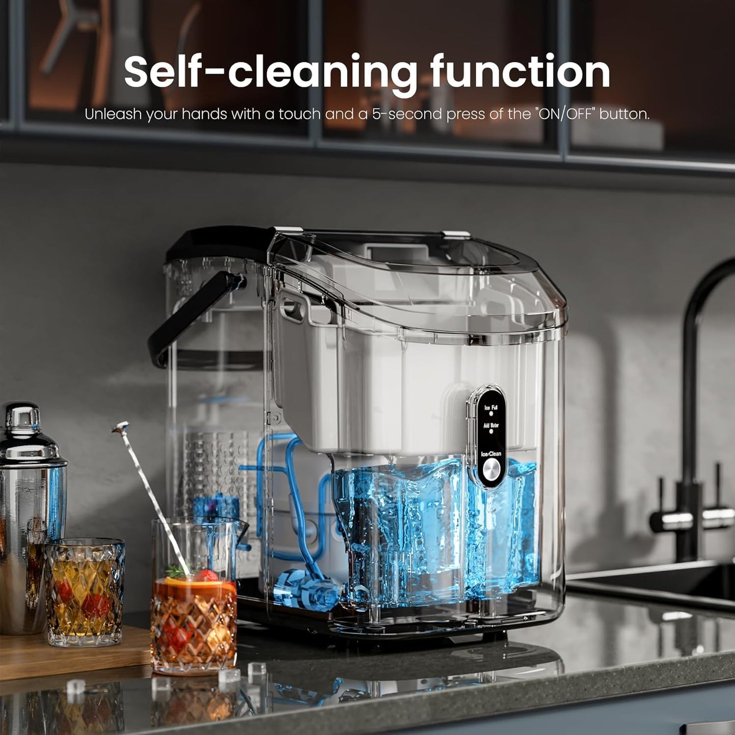 Kismile Nugget Ice Makers Countertop,35Lbs/24H,Portable Sonic Ice Machine with Self-Cleaning,One-Click Operation for Home/Office(Stainless Steels Silver)