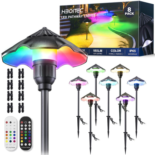 HIBOITEC 8-Pack RGBW Low Voltage Pathway Lights 3W 12-24V LED Landscape Lighting Outdoor Color Changing Landscape Lights Aluminum Waterproof Path Lighting for Walkway Yard Garden