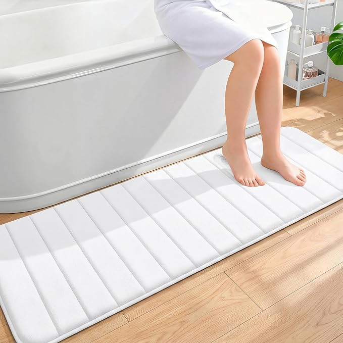 OLANLY Memory Foam Long Bathroom Rugs Runner 59x20, Super Soft Absorbent Bath Mat, Quick Dry, Machine Washable Shower Floor Rugs, Bathmat Carpet, Bathroom Home Decor Accessories, White