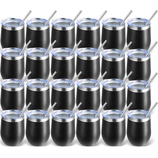 Volhoply 12oz Stainless Steel Wine Tumbler with Lid Bulk 24 Pack,Double Wall Vacuum Stemless Wine Glasses,Reusable Metal Travel Coffee Mug with Straw,Insulated Cups Gifts for Christmas（Black,24 Set）