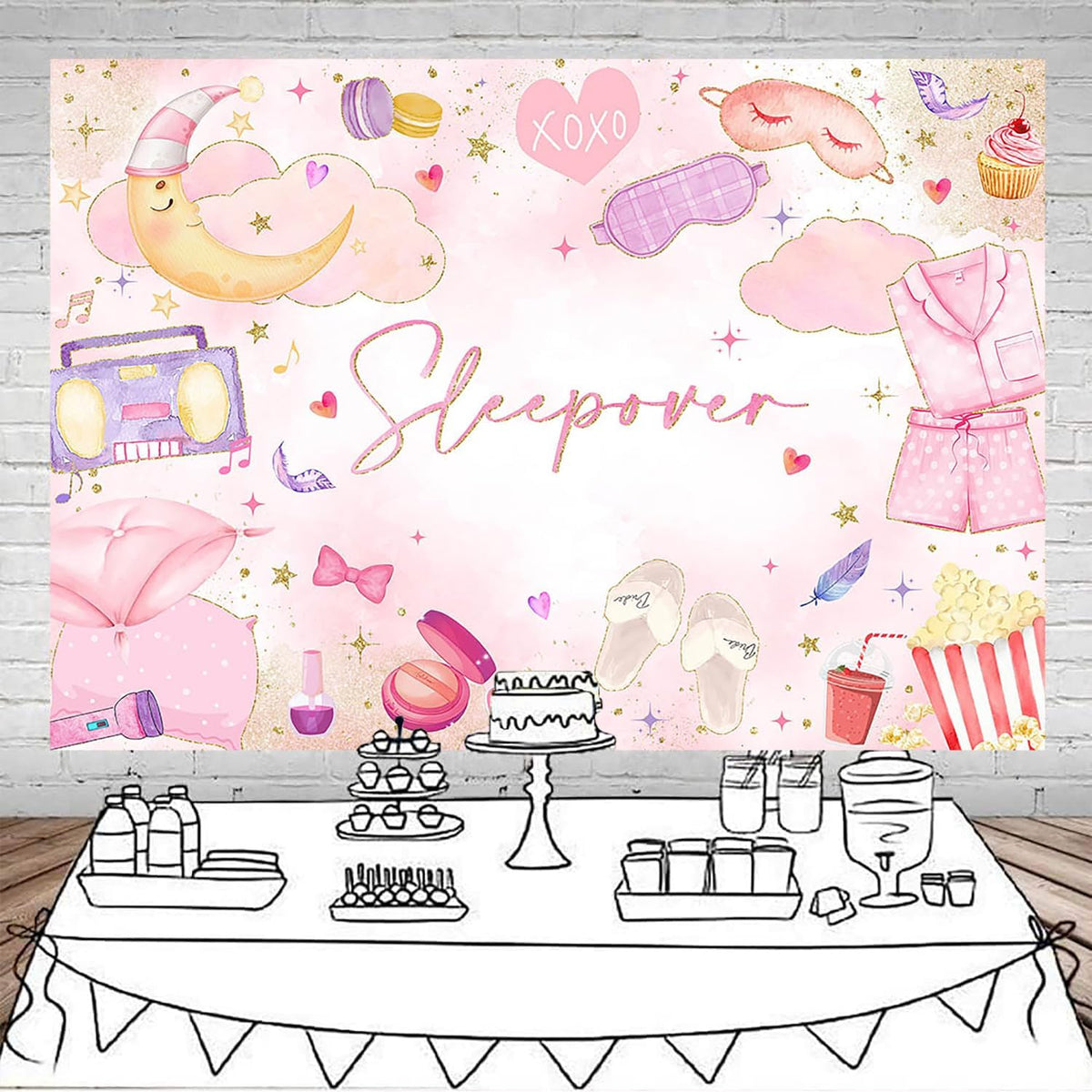 Mocsicka Sleepover Party Backdrop Slumber Party Supplies for Girls Pink Pajamas Girls Night Decorations Sleepover Spa