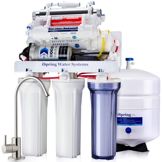 iSpring RCC1UP-AK, 100 GPD 7-Stage Reverse Osmosis Under Sink Water Filtration System with Boost Pump, Alkaline Remineralization and UV Filter, Patented Top-Mounted Faucet Design for Easy Installation