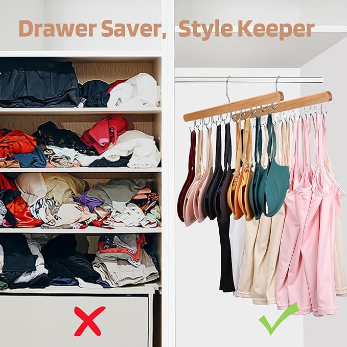 2 Pack Bra Hanger for Closet Organizer, Premium Wooden Tank Top Hangers with 36 Foldable Hooks, 360° Rotating Design, Space Saving Storage for Tank Tops, Bras, Scarves and More