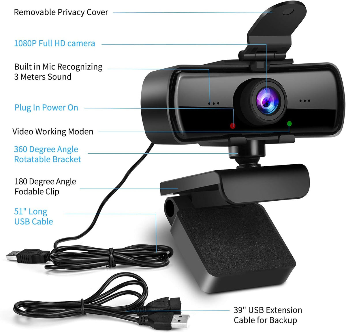 Ejfete 1080P 120 HD Webcam with Microphone and Privacy Cover, USB Plug & Play Computer Camera, Wide Angle Fixed Focus