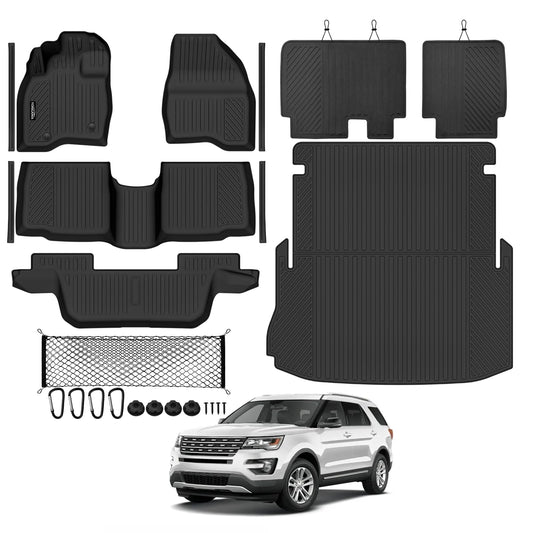 Tongama-Floor Mats for 2015-2019 Ford Explorer, All Weather TPE Trunk Mat and 2nd Row Backrest Mats Protectors and Cargo Net and Door Sill Guards for Explorer Floor Liner Accessories