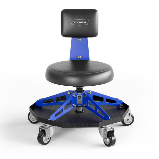 Vyper Robust Steel Sport Shop Chair for Mechanics, Automotive, DIY - 300 lb Capacity Garage Stool with Backrest & Large Wheels (Black Seat, Blue Frame)