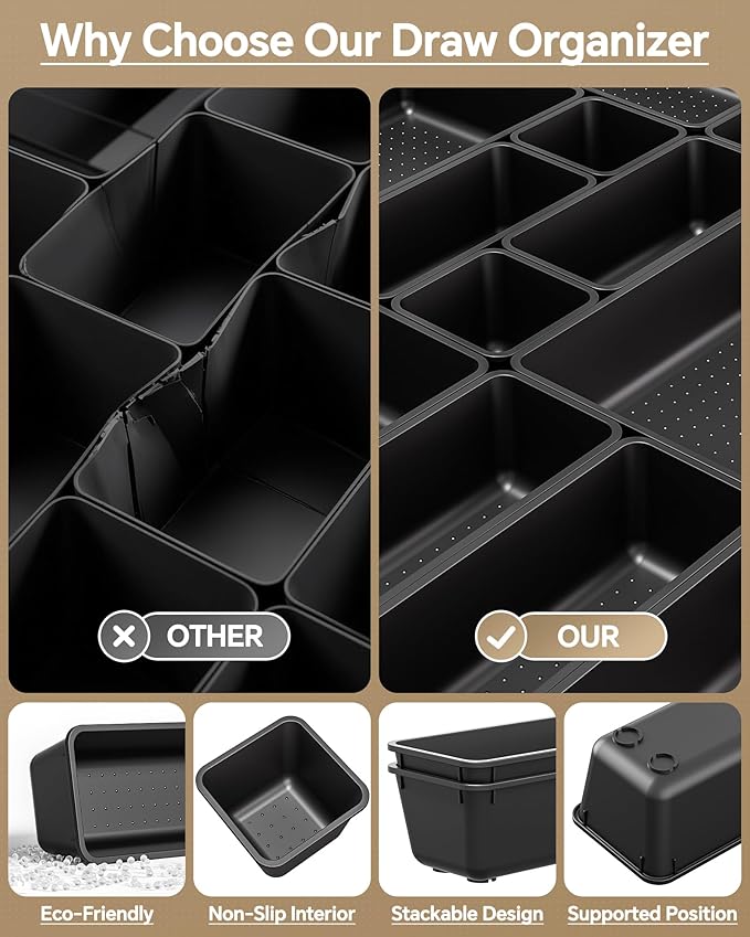 25 PCS Plastic Drawer Organizers Set, 4 Sizes Vanity Organizer, Makeup and Desk Drawer Organizer Trays, Organization and Storage for Makeup, Bathroom, Kitchen Utensils and Office (Black)