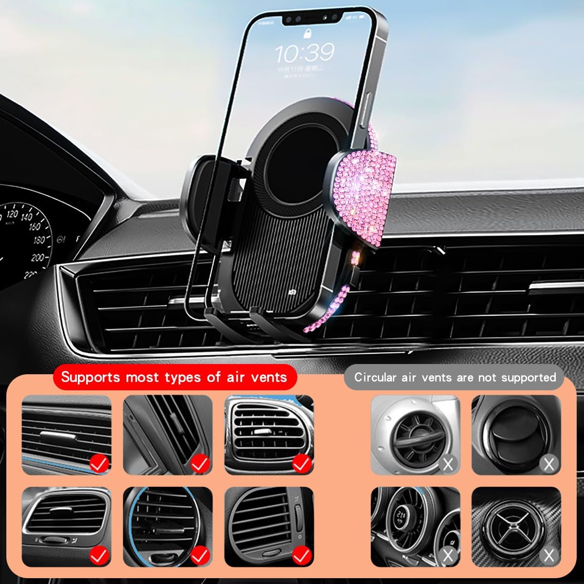 Erolagomat Bling Cell Phone Holders for Car Women[Powerful Suction] [Rally Racing-Grade Stability] Sparkle Car Phone