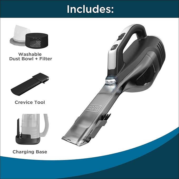 BLACK+DECKER Dustbuster Reveal Handheld Vacuum Cordless, Car Vacuum Portable Cordless, LED Light, Long Run Time, Rechargeable Lightweight Dust Buster, Includes Crevice Tool, Charging Base (HLVD320B42)