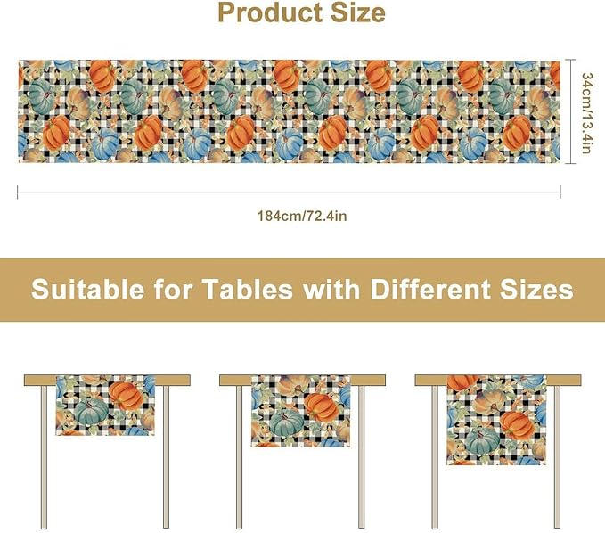 Fall Pumpkin Table Runner Black White Plaid Maple Leaves Watercolor Illustration Rustic Thanksgiving Home Decor for Farmhouse Indoor Outdoor Party Holiday Dining Kitchen Restaurant Cafe W13xL60in