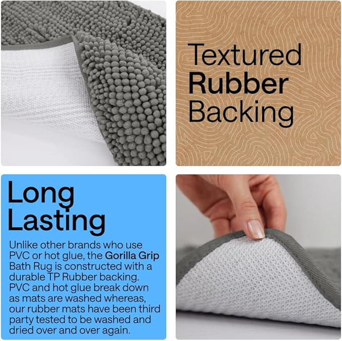 GORILLA GRIP Bath Rug Mat 48x17, Soft Absorbent Chenille, Quick Dry Microfiber Mats, Rubber Backing Washable Shower Floor Rugs, Bathmat Runner, US Designed Bathroom Home Decor Accessories Charcoal