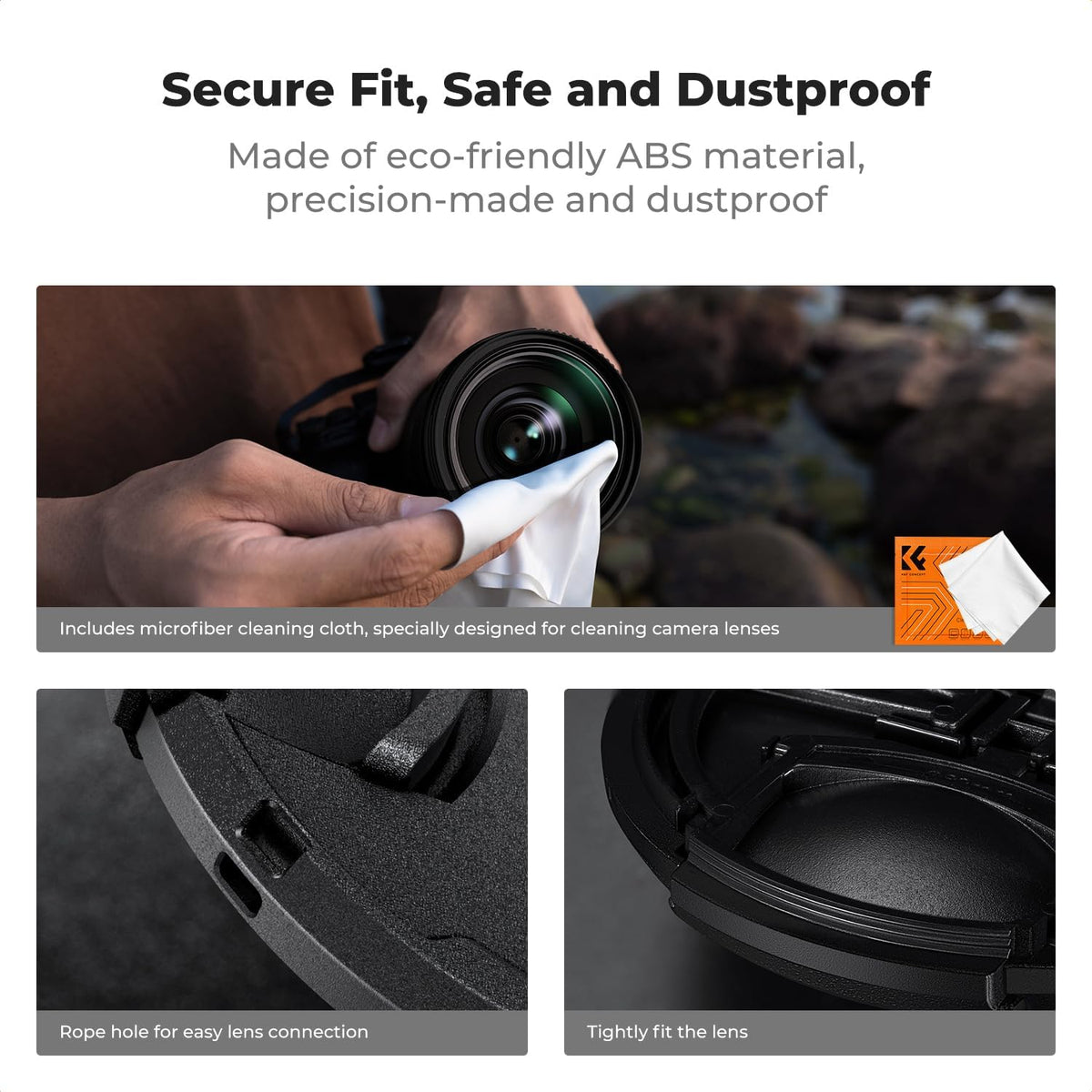 K&F CONCEPT 49mm 4-in-1 Pinch Lens Cap Cover, Center Lens Cover + Anti-Loss Keeper Leash + Microfiber Cleaning Cloth