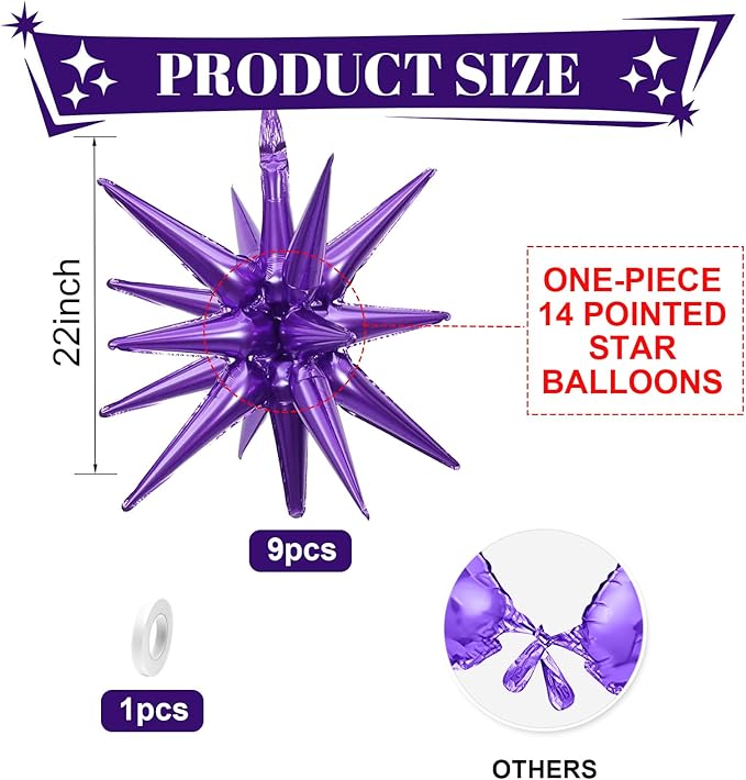 Purple Star Balloons,9Pcs 22Inch Dark Purple Explosion Spike Cone Helium Polyester Film Star Foil Balloons for Birthday Halloween Graduation Anniversary Baby Shower Party Decorations