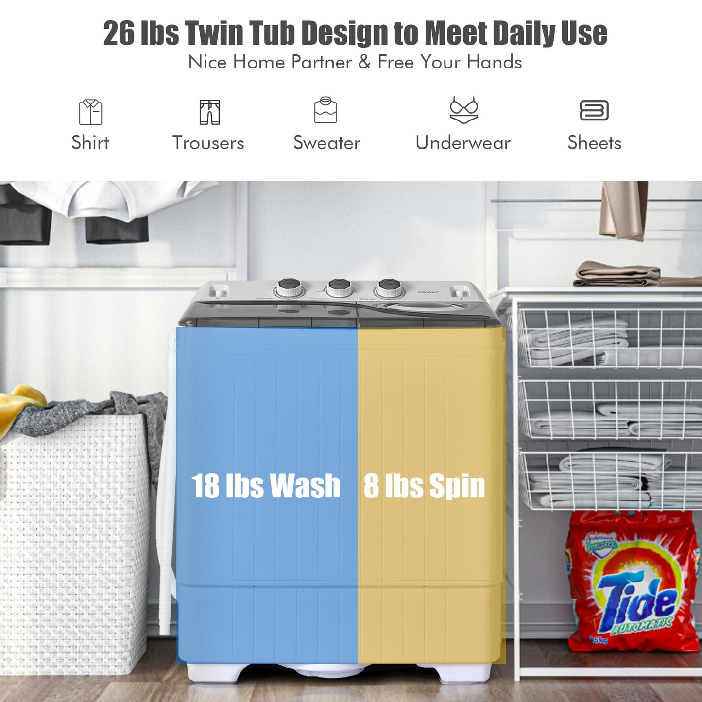COSTWAY Portable Washing Machine, Twin Tub 26lbs Capacity Laundry, 18lbs Washer and 8lbs Spinner Combo with Timer Knobs, Built-in Drain Pump, Compact Washer for Home Dorm Apartment (Grey+White)