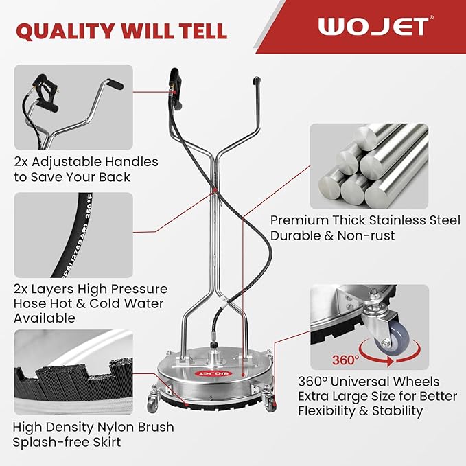 WOJET 20" Pressure Washer Surface Cleaner with 4 Wheels&Dual Handles, 4500PSI Stainless Steel Surface Cleaner Attachment for Pressure Washer for Concrete Driveway Sidewalk Deck Patio, Commercial Grade