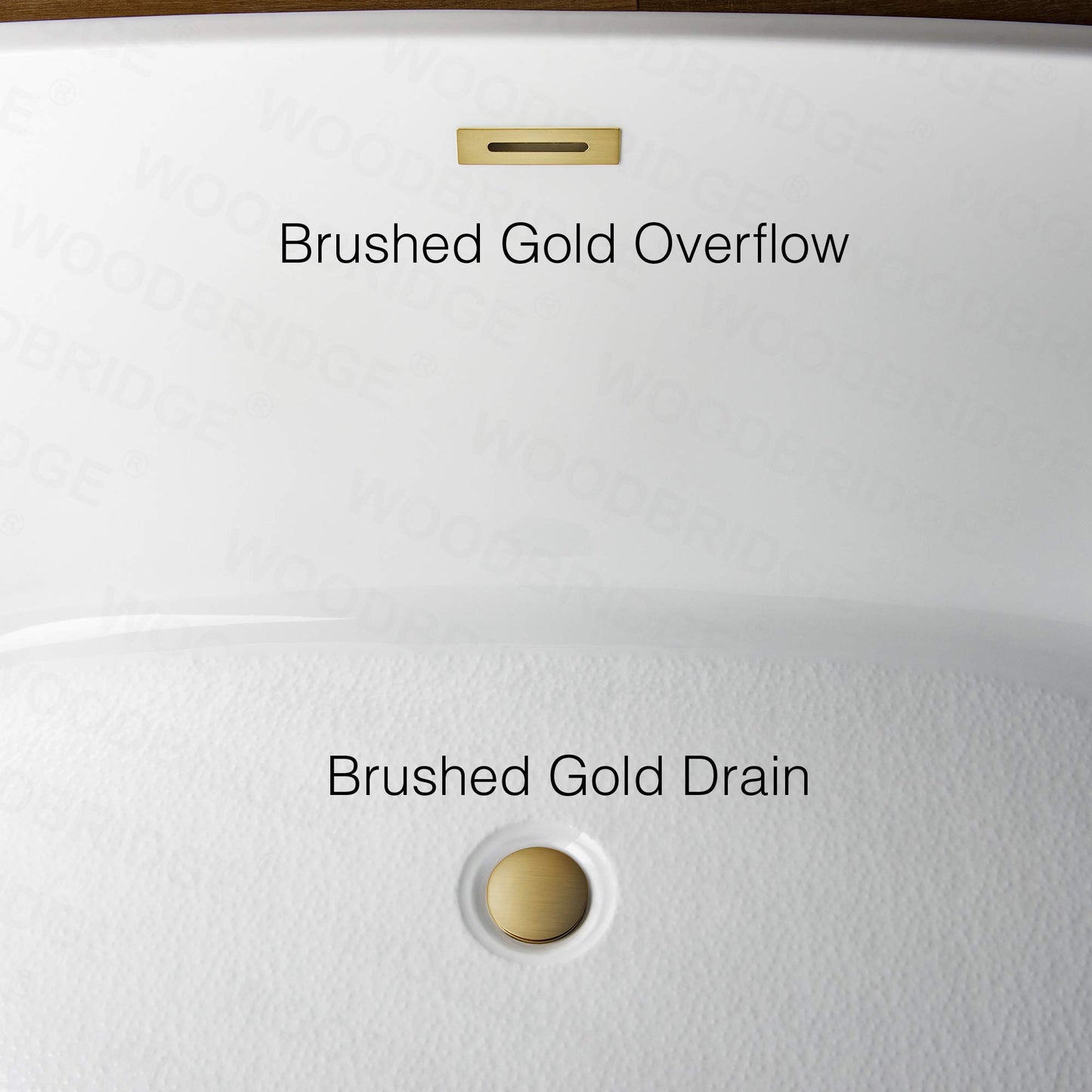 WOODBRIDGE 59" Acrylic Freestanding Bathtub Contemporary Soaking White Tub with Brushed Gold Overflow and Drain，BTA1509 -BG-Drain &O