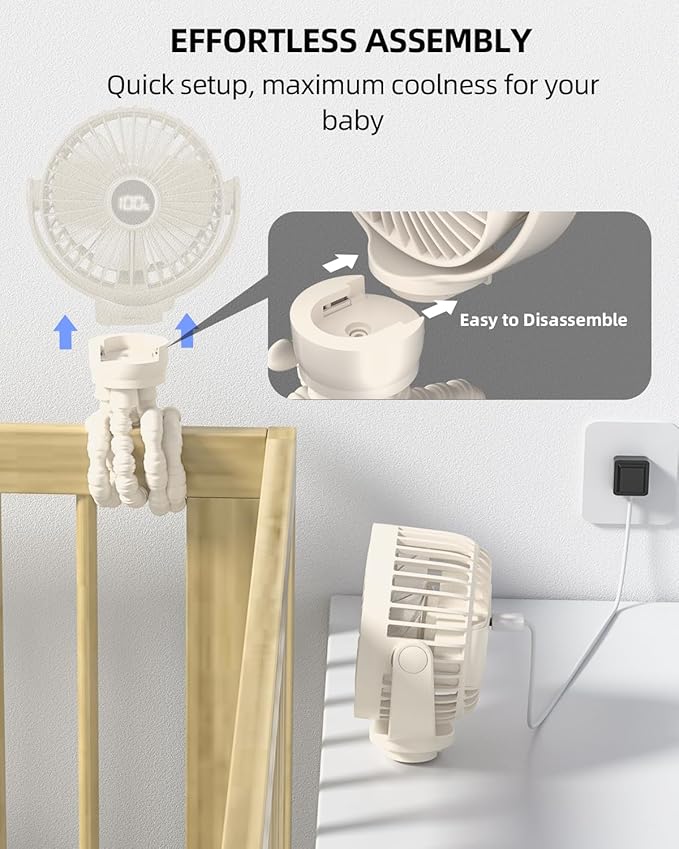 Portable Stroller Mini Fan, Small Rechargeable Personal Fan, Travel Essentials for Baby, Wagon, Car Seat, Treadmill, Battery Powered Biking Gear Accessories, 360° Rotation, 3-Speed, Display, Beige