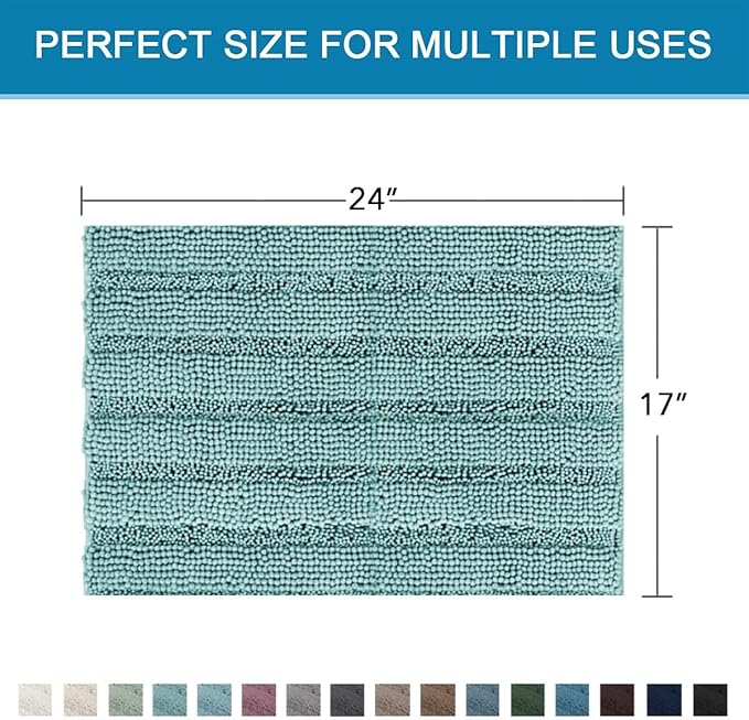 H.VERSAILTEX Bathroom Rugs Bath Rugs for Bathroom Non Slip Bath Mats Extra Thick Chenille Striped Rug 17" x 24" Absorbent Soft Shaggy Washable Dry Fast Bath Mats for Bath Room Floor - Aqua Haze