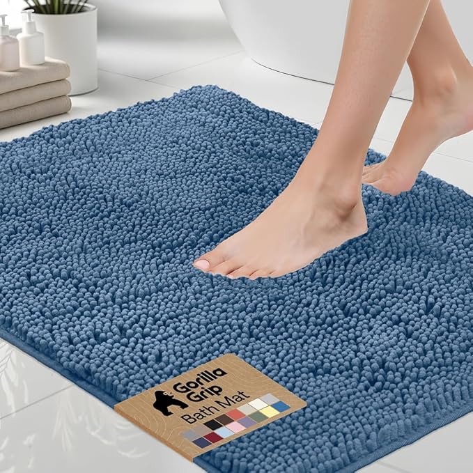 GORILLA GRIP Bath Rug Mat 60x24, Thick Soft Absorbent Chenille, Quick Dry Microfiber Mats, Rubber Backing Washable Shower Floor Rugs, Bathmat Runner, US Designed Bathroom Home Decor Accessories Blue