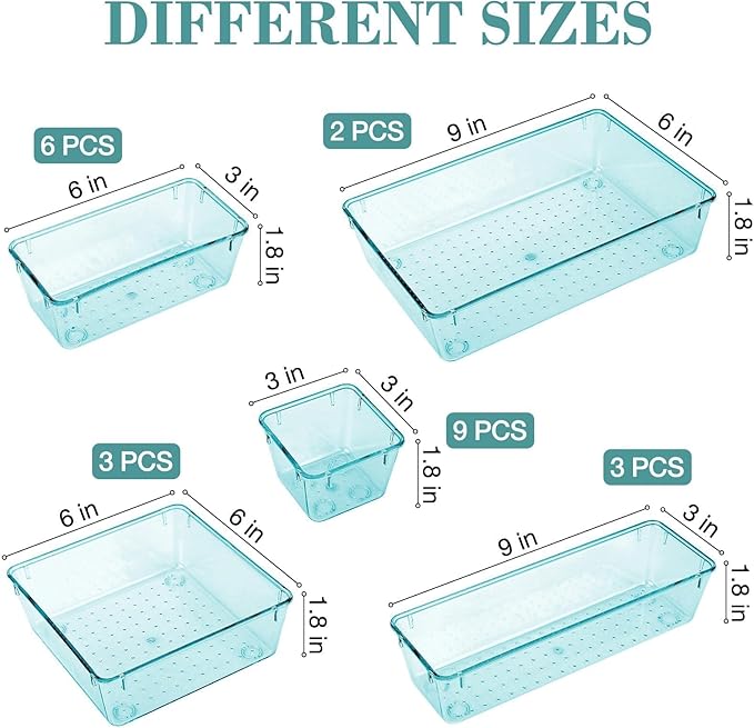 23 PCS Drawer Organizer Set, 5 Varied Size Bathroom and kitchen Drawer cabinet organizer Trays, Clear Storage Bins for Makeup, Jewelry, Utensils and Gadgets