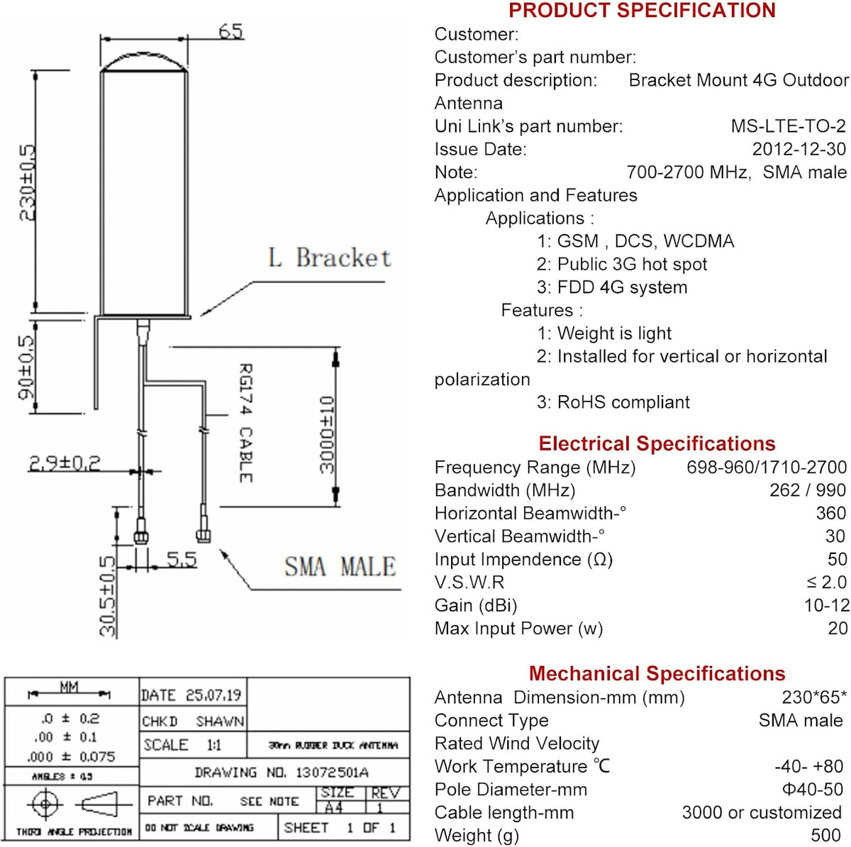 Boobrie 4G 10dBi-12dBi 698-2700MHz 16.4Ft 4G LTE Antenna High Gain Outdoor Antenna OmniDirectional Dual SMA Male