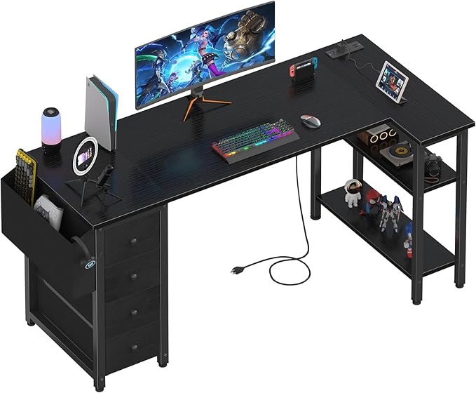 Lufeiya L Shaped Gaming Desk with Drawers & Storage Shelves, 63 Inch Corner Computer Desk with Power Outlet for Home Office Bedroom, L-Shaped Teen PC Desks with Fabric Drawer, Black