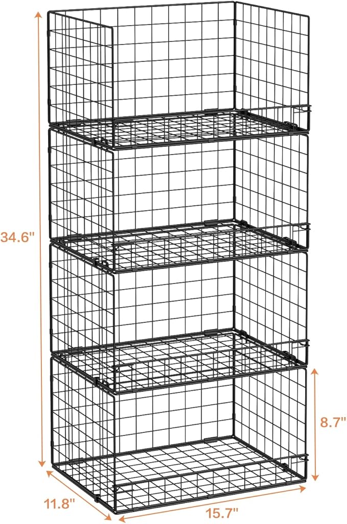 4-Tier Stackable Closet Organizers and Storage Shelves, Clothes Shelf Organizer Basket Bins, Foldable Sweater Storage for Closet Organizer System, Black (Patent Pending)