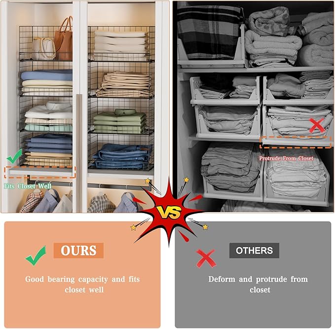 4-Tier Stackable Closet Organizers and Storage Shelves, Clothes Shelf Organizer Basket Bins, Foldable Sweater Storage for Closet Organizer System, Black (Patent Pending)