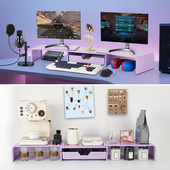 Dual Monitor Stand Riser with Drawer, Desk Organizer and Accessories, Metal Laptop Stand for Desk, Workspace Desktop Stand for Computer, Laptop, TV and More (Purple)