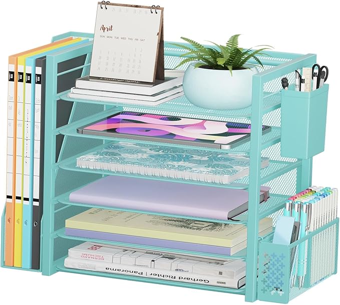 Simple Trending 6 Tier Desk File Organizer, Paper Letter Tray Organizer with File Holder and Pen Container, Blue