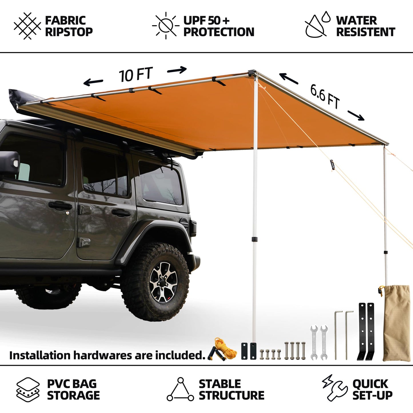 SAMOUT Vehicle Awning, 6.6ft x 10ft, Rooftop Pullout Ripstop UPF50+ Side Awning, Reinforced Hinges & Poles for Jeep/SUV/Truck/Van