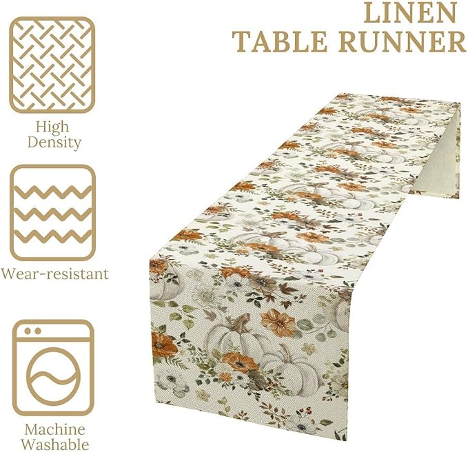 Fall Pumpkin Table Runner Rustic Floral Watercolor Plants White Vegetables Flowers Pastoral Theme Home Decor for Farmhouse Indoor Outdoor Party Holiday Dining Kitchen Restaurant Cafe W13xL36in