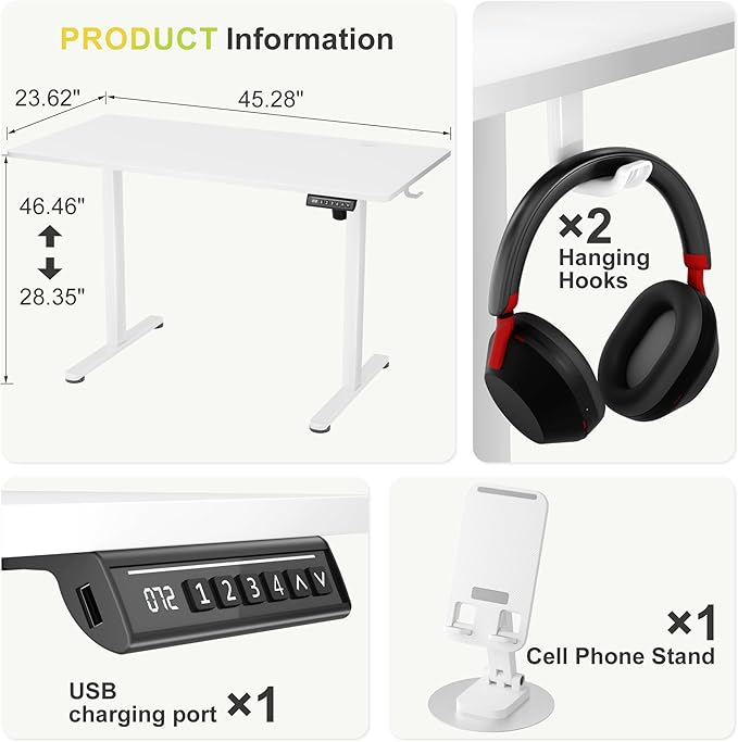 Furmax Electric Standing Desk, 45 x 24 Inches Sit Stand up Desk, Sit Stand Height Adjustable Home Office Desk with 4 Height Position Memory - with Splice Board (White, 45)