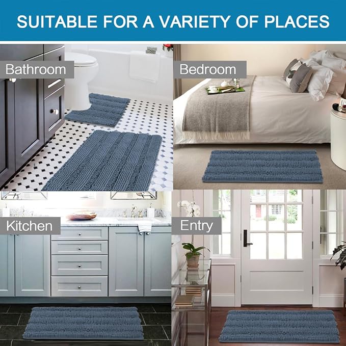 H.VERSAILTEX Bathroom Rug Sets 2 Piece Bath Mats Non Slip Thick Soft Chenille Striped Bath Rug achine Washable Shower Floor Rugs for Tub, Shower and Floor (Blue Indigo, 36"x24" Plus 20"x24" U)