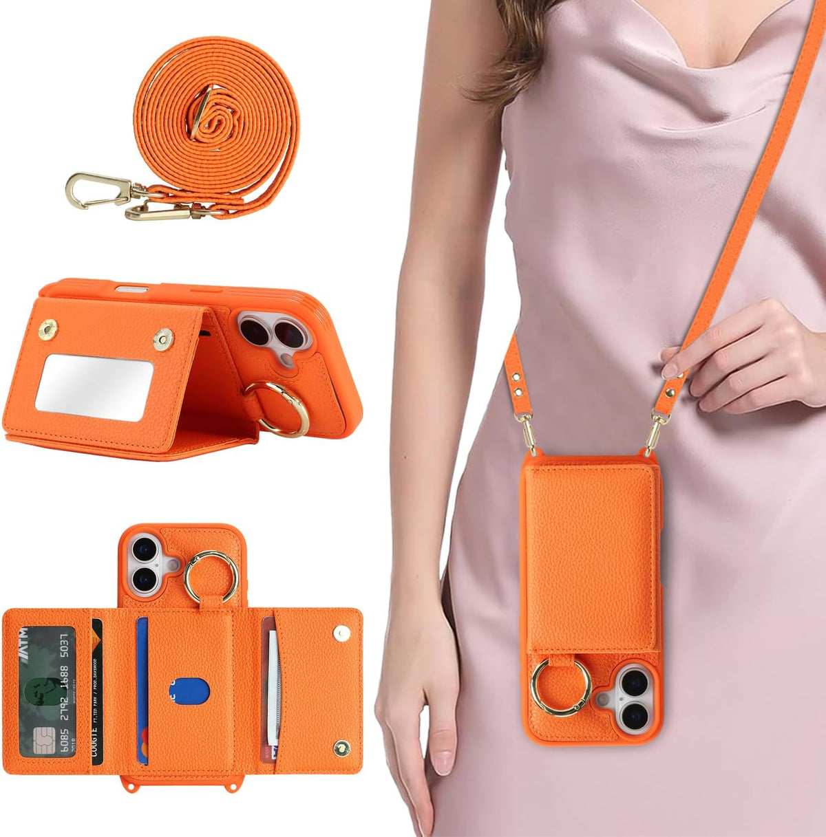 DEYHU 16 6.1 inch for iPhone Case with Card Holder and Strap for Women,Crossbody Lanyard, Make Up Mirror,Ring