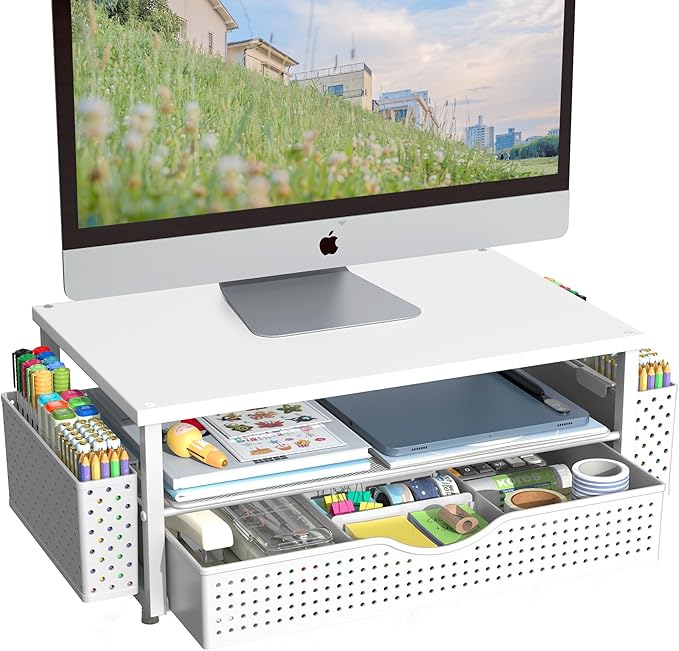 Spacrea Desk Organizer and Accessories, Computer Monitor Stand Riser with Drawer and 2 Pen Holders, Office Desk Accessories & Workspace Organizers for Office Supplies (White)