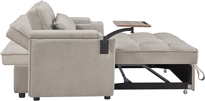 65" Cloud Couch Sleeper Sofa Bed with USB Charging Port & Side Pocket, Chenille Fabric Pull-Out Sofa with Thick Cushions, High Resilience Foam & Pillows for Living Room, Apartment, Small Spaces