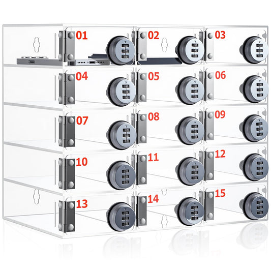 Reallnaive 15 Slots Cell Phone Locker with Combination Lock, Cell Phone Storage for Classroom, Clear Acrylic Storage Cabinet Bin, Wall Mounted for School Students Office Factory Employees