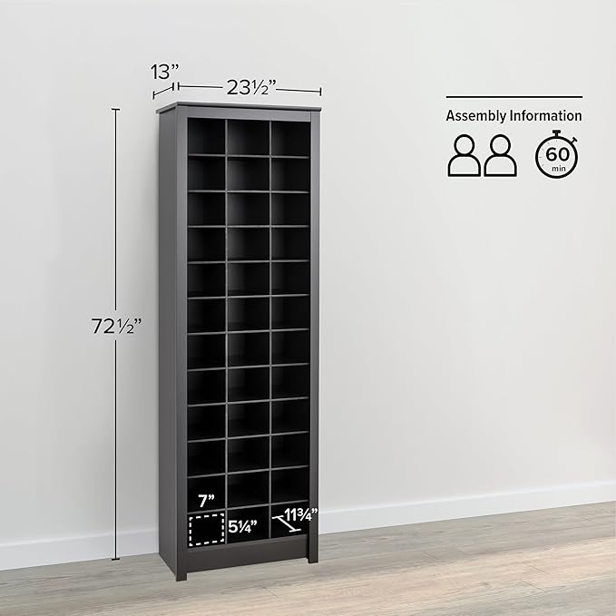Prepac Elegant Black Shoe Storage Cabinet, Space-Saving Solution with Cubbies for 36 Pairs, 13"D x 23.5" W x 72.5" H